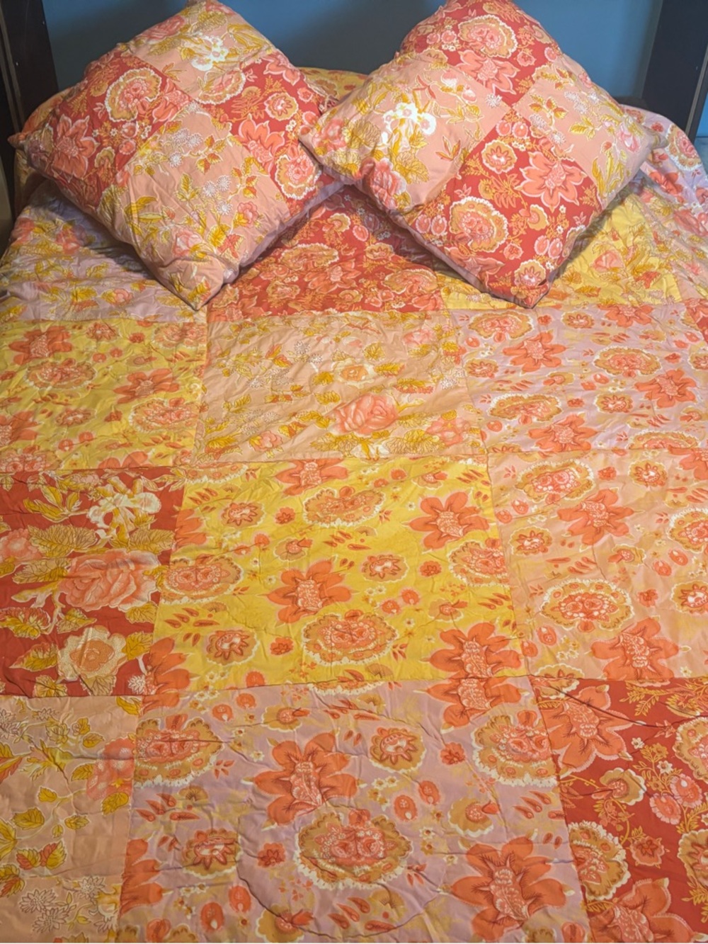 April Cornell Coral and Yellow Floral Patchwork Quilt
